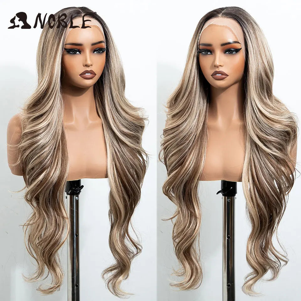 Noble 30 Inch Synthetic Lace Front Wigs For Women Curly Ash Blonde Highlight 13x4 Body Wave Silk Base Lace Wig Cosplay Daily Wig