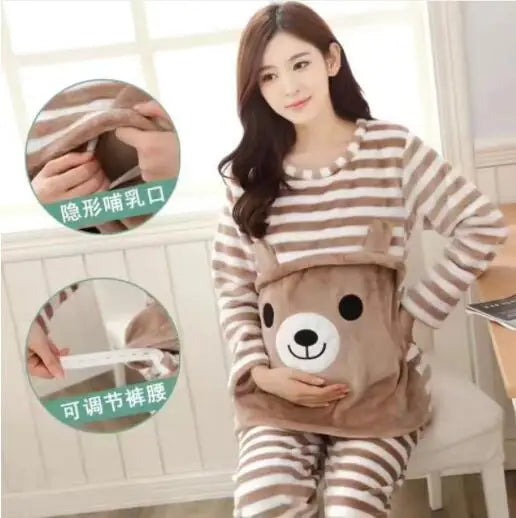 Autumn Long Sleeve flannel Maternity Clothing winter Thin coral fleece Pajamas Set Pregnant Women Breastfeeding Nursing Pyjama
