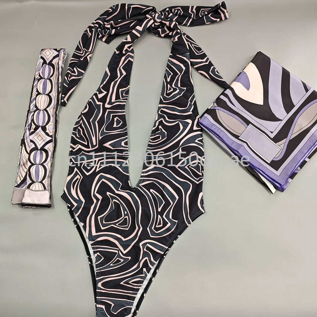 Luxury Design Women's Brown Headband Scarf Swimsuits with Letter Signature Logo Classic Brand Headband Bikini Sets Beachwear