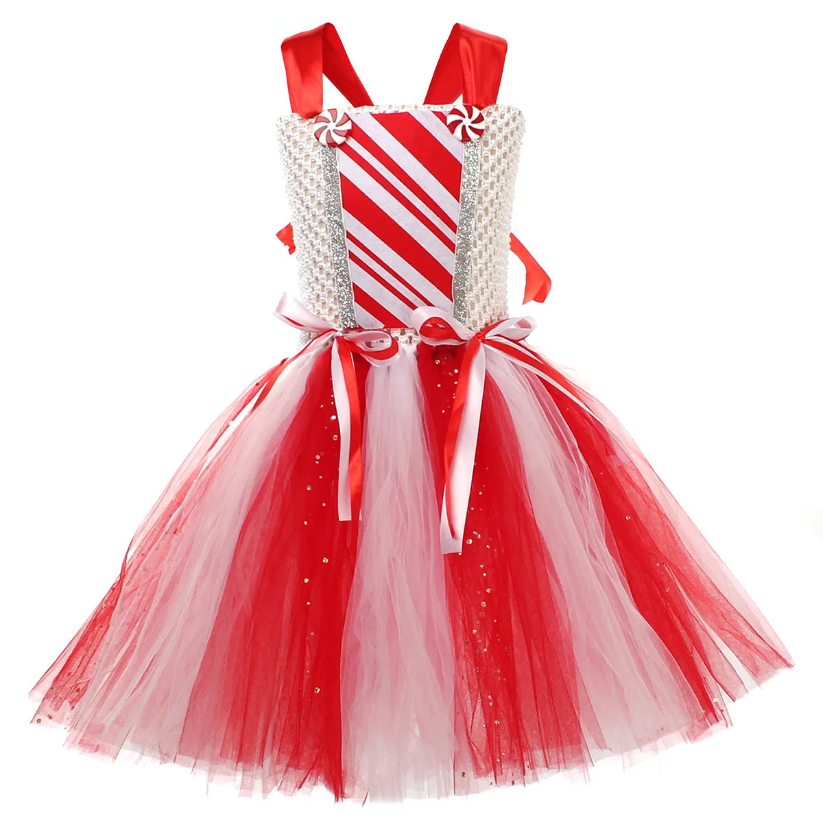 Sparkly Christmas Candy Costumes for Girls White Red Xmas Party Dresses with Bow Socks Kids New Year Tutu Outfit Holiday Clothes