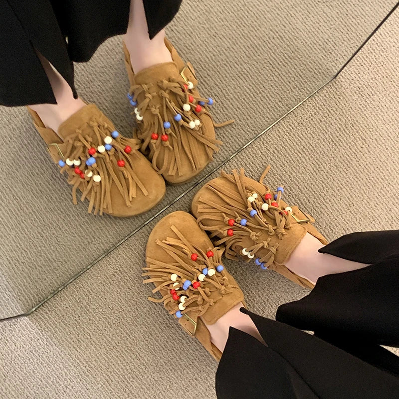 2025 Women Mules Shoes Flats Suede Women's Sandals Fringes Summer Fashion Slippers Walking Dress Cozy