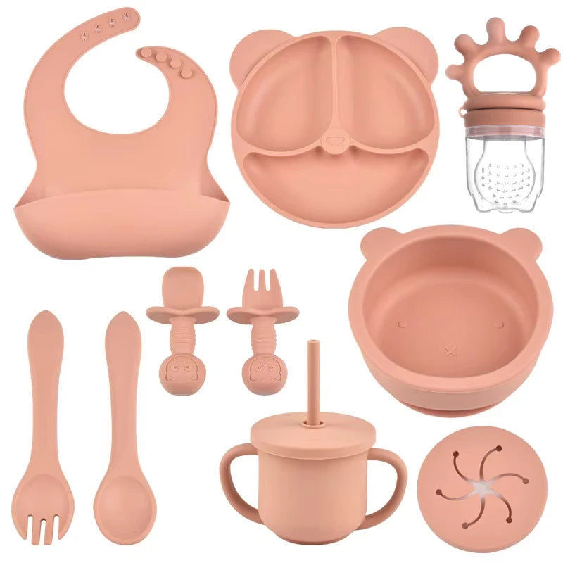 10pcs Children's Silicone Dinner Plate Set Strong Suction Anti-Fall Children's Eating Training Bowl Fork Spoon Feeding Tableware