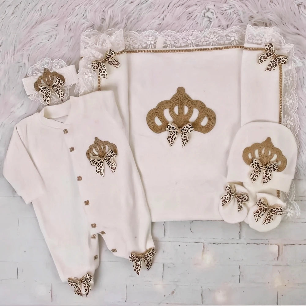 5pcs Newborn Baby Embroidery Lace Romper Outfit Clothing Cotton Infant Wrapped Baby Products Pants Mittens Receiving Blanket