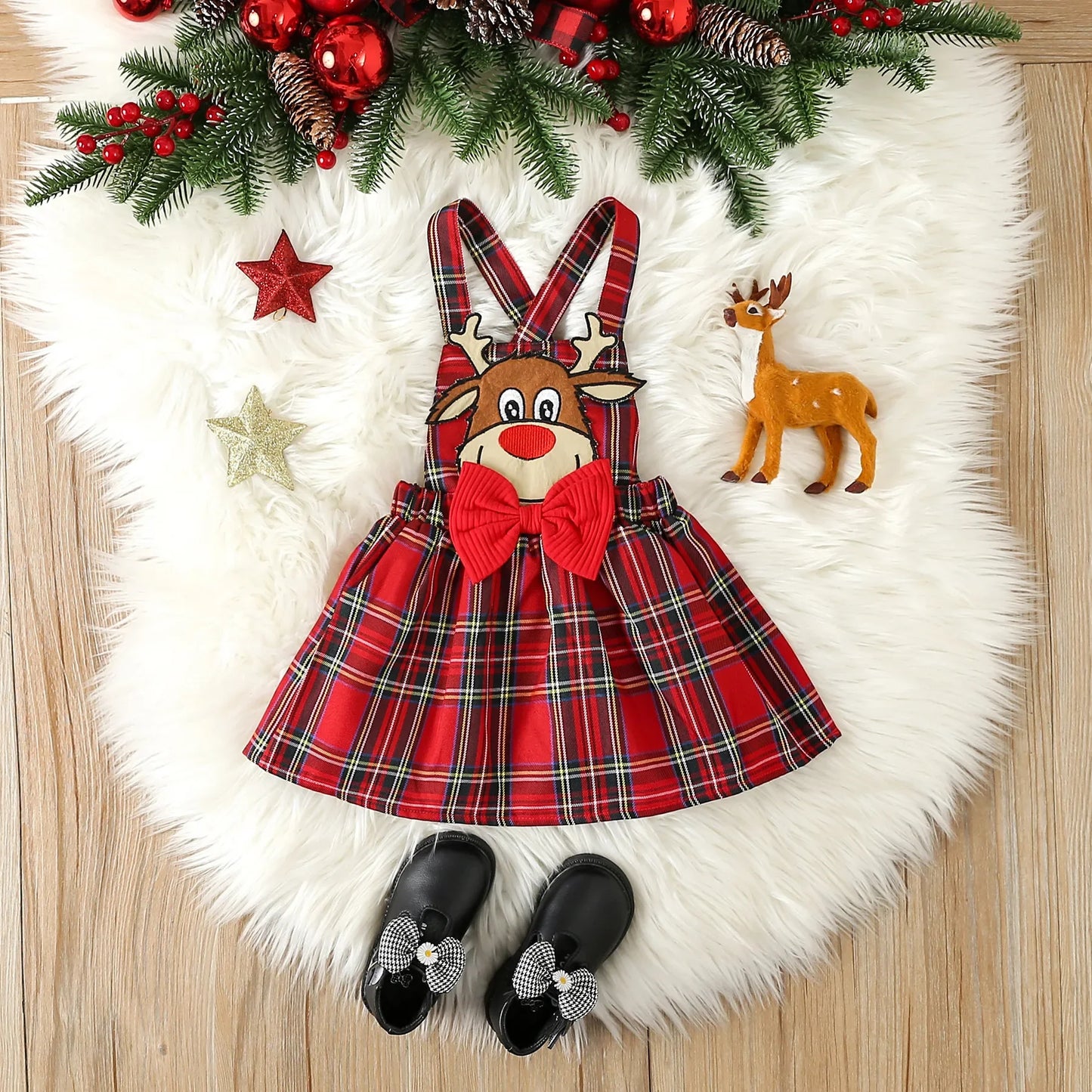 Prowow Baby Girls Christmas Outfits Set Red Bodysuit+Plaid Deer Suspender Dress Set 3pcs My First New Year Costume For Baby 2026