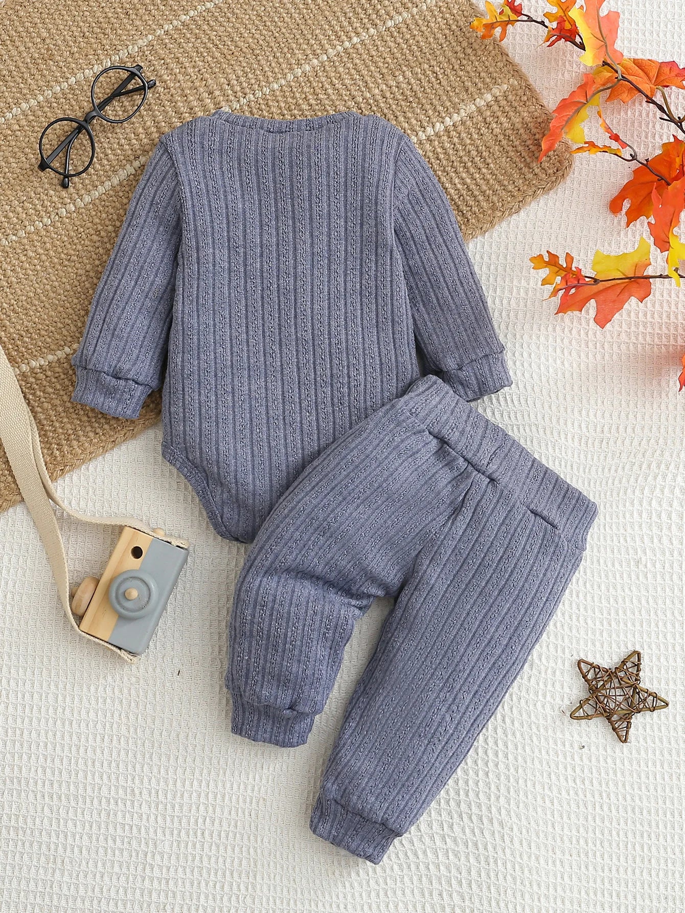 Baby Autumn Winter Knitted Blue Long Sleeve Crawler Suit with Long Pants Infant Clothing Set for Toddlers