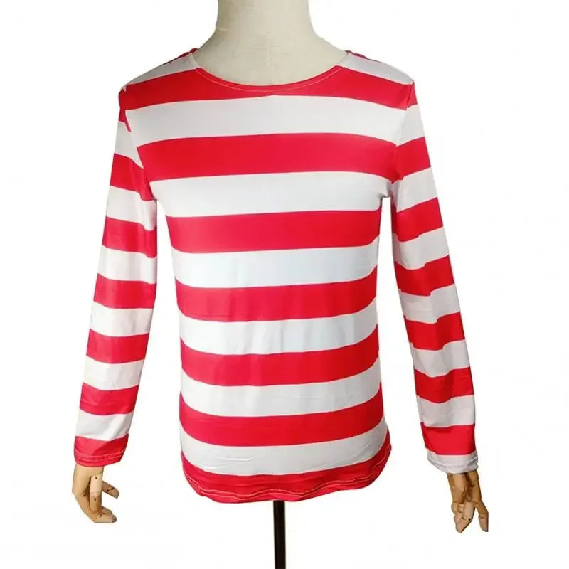 Wheres Waldo Cosplay Costume Red Striped Shirt Role Play Clothes Hat Glasses Socks Halloween Christmas Family Dress Up Outfits