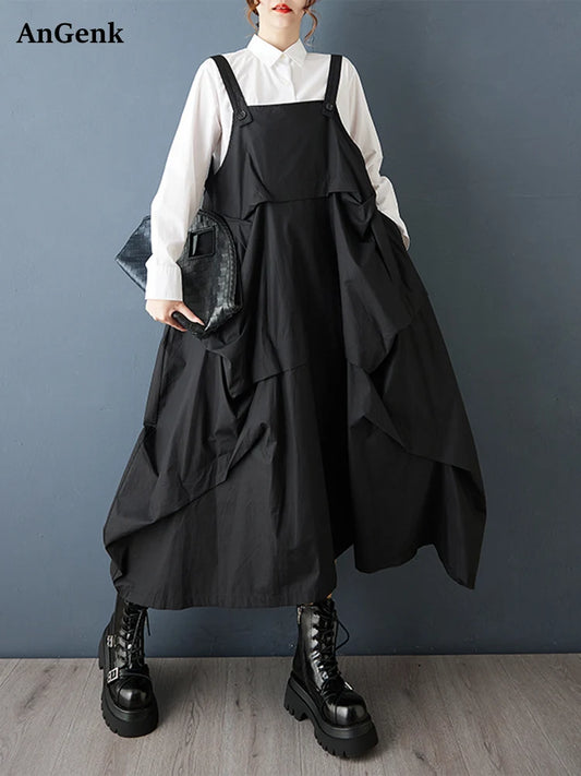 2025 Spring Autumn New Black Vintage Straps Dresses For Women Sleeveless Pleated Loose Casual Dress Robe Elegant Fashion Clothes