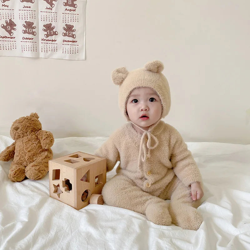 Baby Outfit Newborn Photography Props Mohair Knitted Bear Rompers Footed Jumpsuit Hat 2pcs/Sets Photography Clothing Accessories