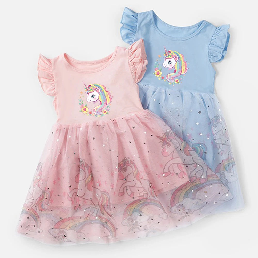 2025 New Princess Dress Unicorn Summer Kids Clothes Birthday Dress Party Short Sleeve Children Rainbow Cute Fashion Dresses