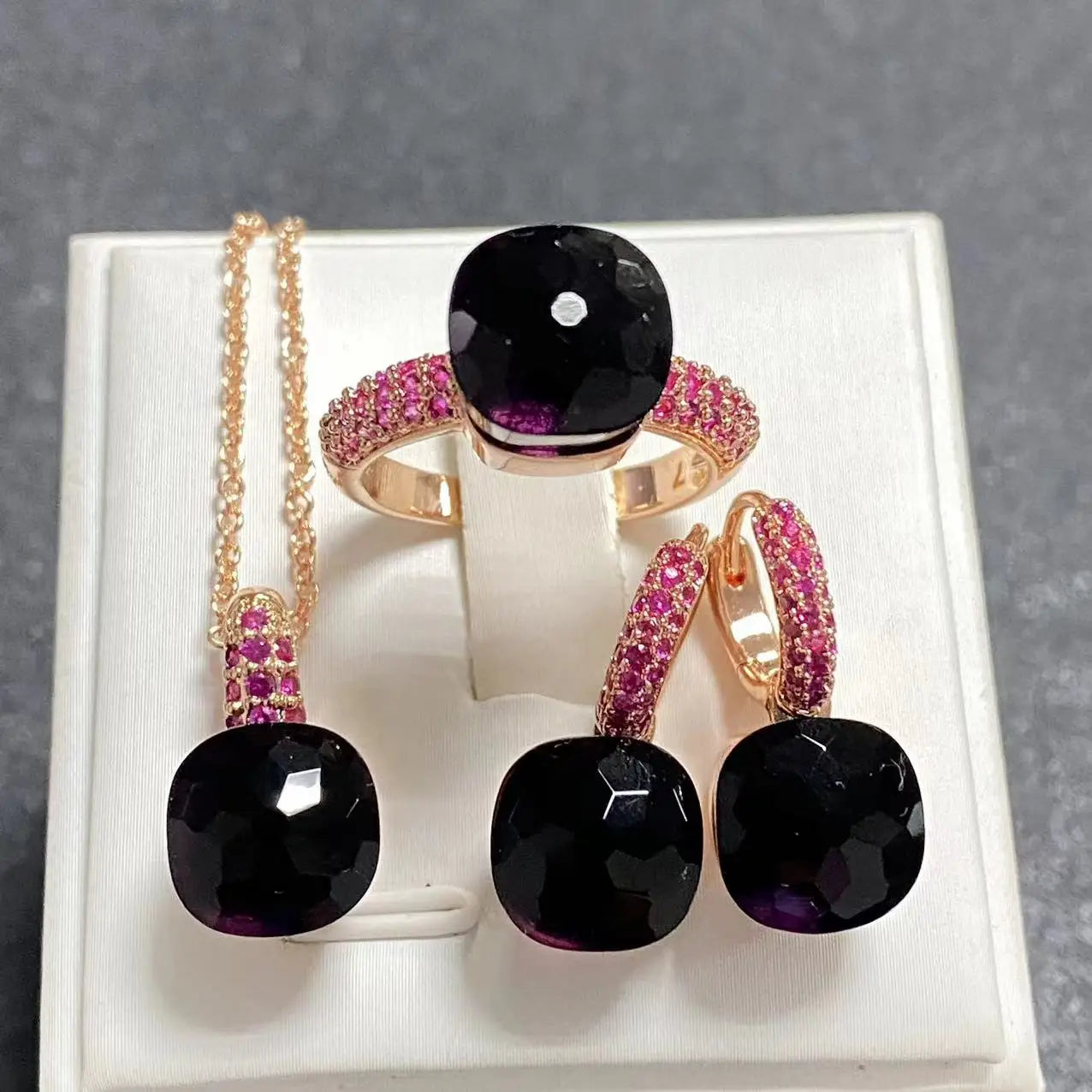 3Pcs/Set Women's Fashion Jewelry Gift Set - Rose Gold Plated Ring Earrings Necklace with Inlay Purple Zircon Crystal