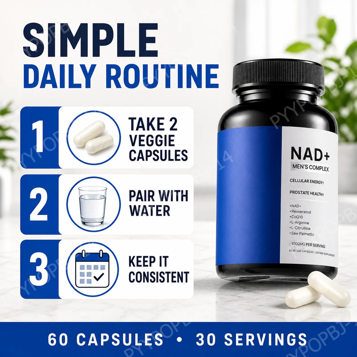 Men's Wellness Complex with NAD+ CoQ10 Resveratrol  L Arginine Daily Energy Vitality Support 60 Veggie Capsules