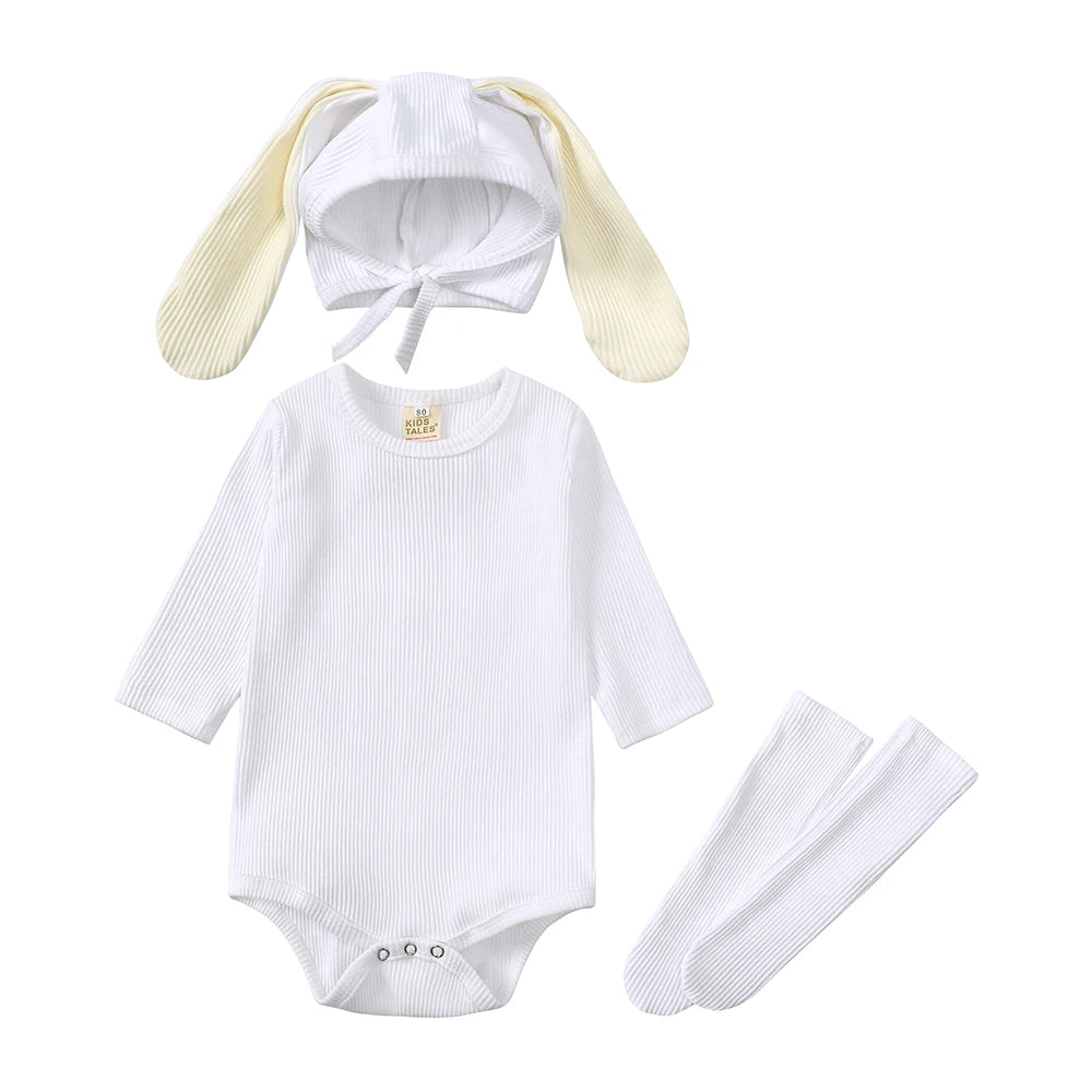 2024 Baby Rabbit Easter Romper Ear Hat Bodysuit Socks Solid Cotton Jumpsuit 0-24M Korean Cute Toddler Boy Girl Outfits Clothes