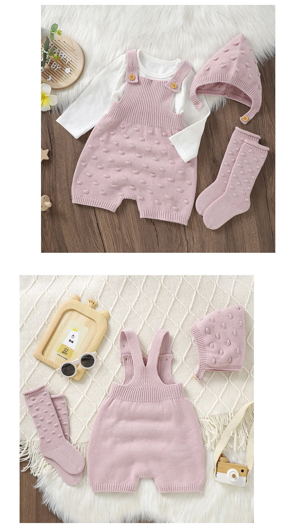 3pcs/Set Baby Clothes Solid Dots Crocheted Newborn Infant Girls Sleeveless Knitted Rompers Hats Socks Outfits 0-18m Infant Suits