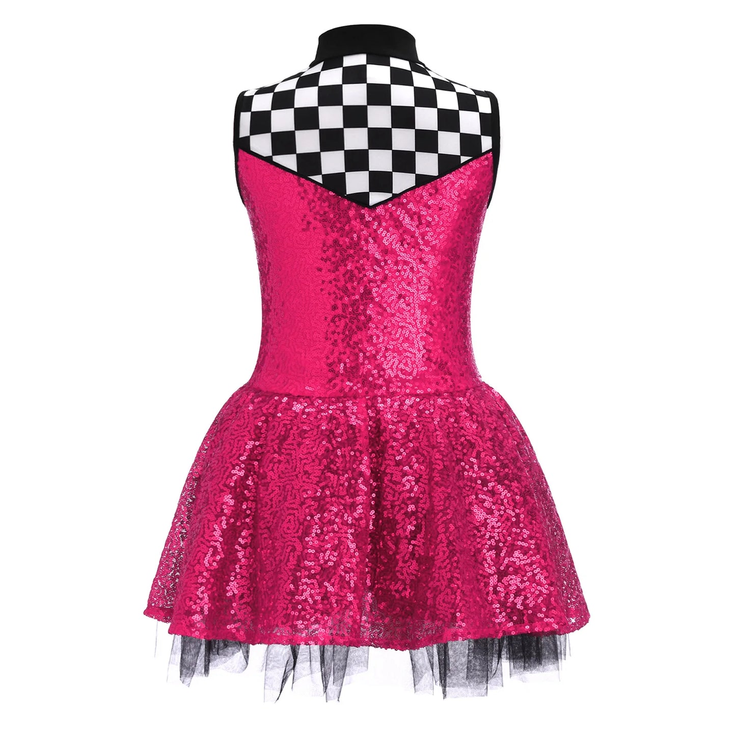 Kids Girls Checkerboard Racer Costume Halloween Car Driver Cosplay Leotard Dress with Tulle Skirt Themed Party Driving Roleplay