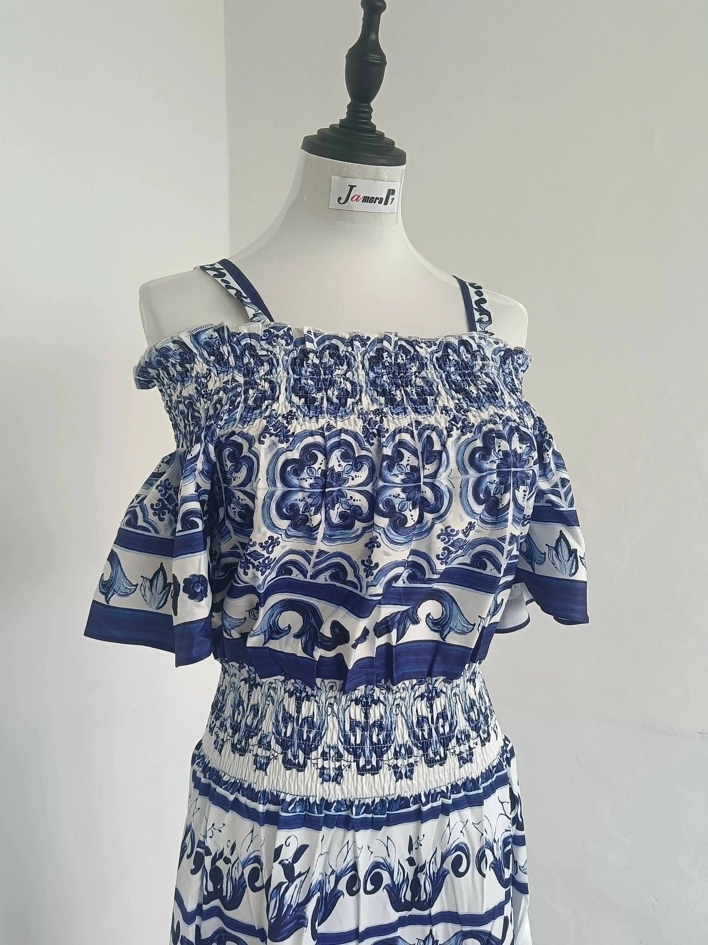 JAMERARY Summer Runway Blue White Porcelain Print Midi Dress Women's Straps Flare Sleeve Elastic Waist Cotton Floral Vestidos
