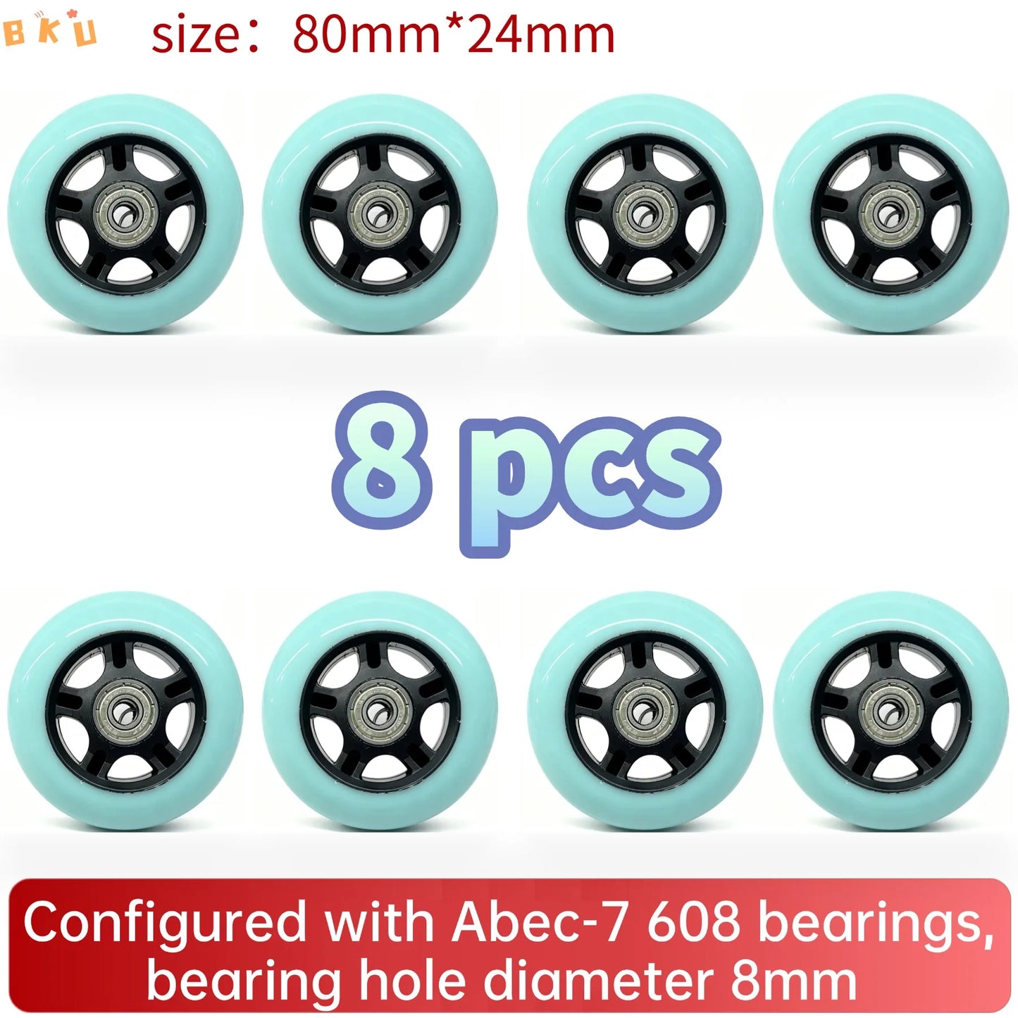 BKU 80mm PU Durable Replacement Wheels (8PCS) - Compatible with Inline Skates Scooters Strollers Suitcases