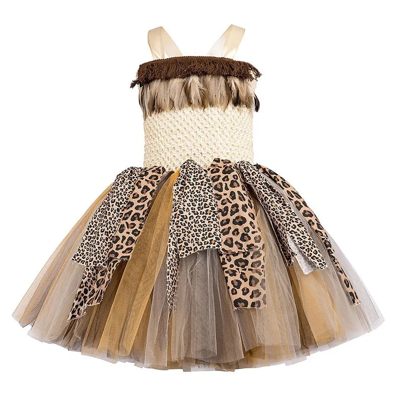 Kids Caveman Primitive Style Tutu Dress Aboriginal Indian Savage Theme Outfit Halloween Carnival Stage Performance Party Clothes