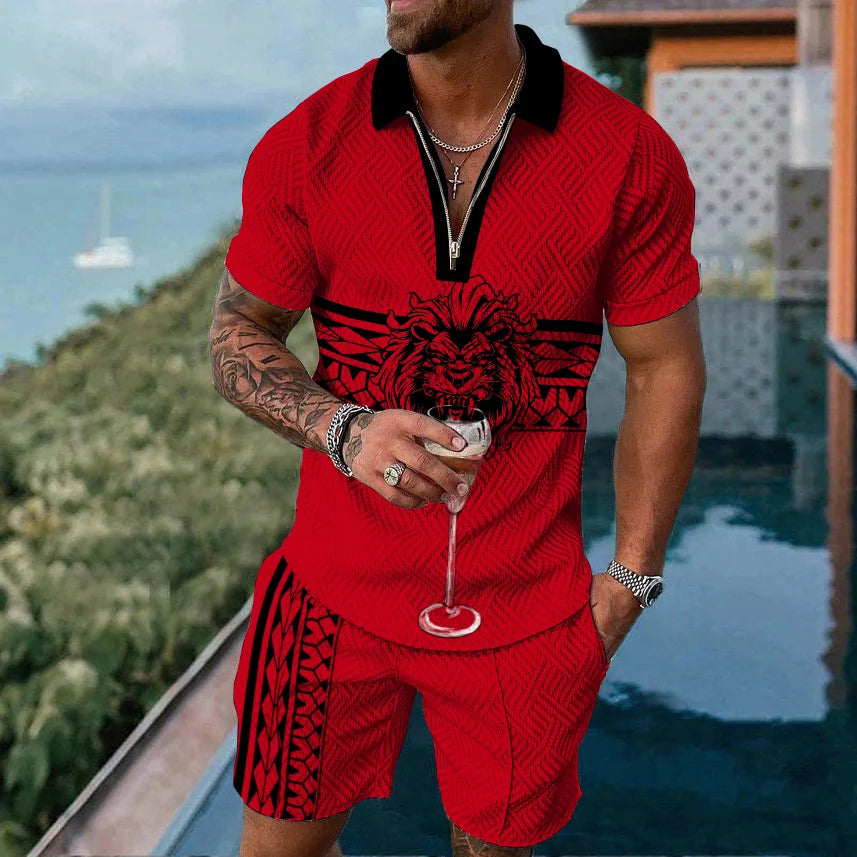 Men Tracksuit Summer New 3D Printed Beach Zipper Polo Shirts Shorts 2 Pcs Sets Boho Geometric Style Holiday Clothing Ropa Hombre