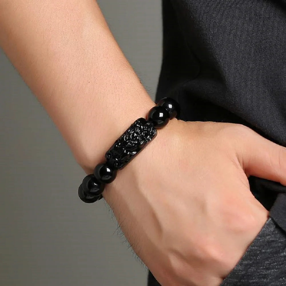 Fashion Jewelry Unisex Pixiu Men Attract Wealth Women Bracelets Obsidian Stone Beads Wristband Good Luck Bangle
