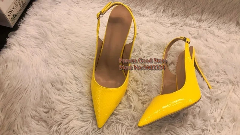 Yellow Snakeskin Slingback Pumps Pointy Toe Shallow Stiletto Heels Dress Shoes Cut-out Heels Women Shoes 12Cm 10Cm 8Cm