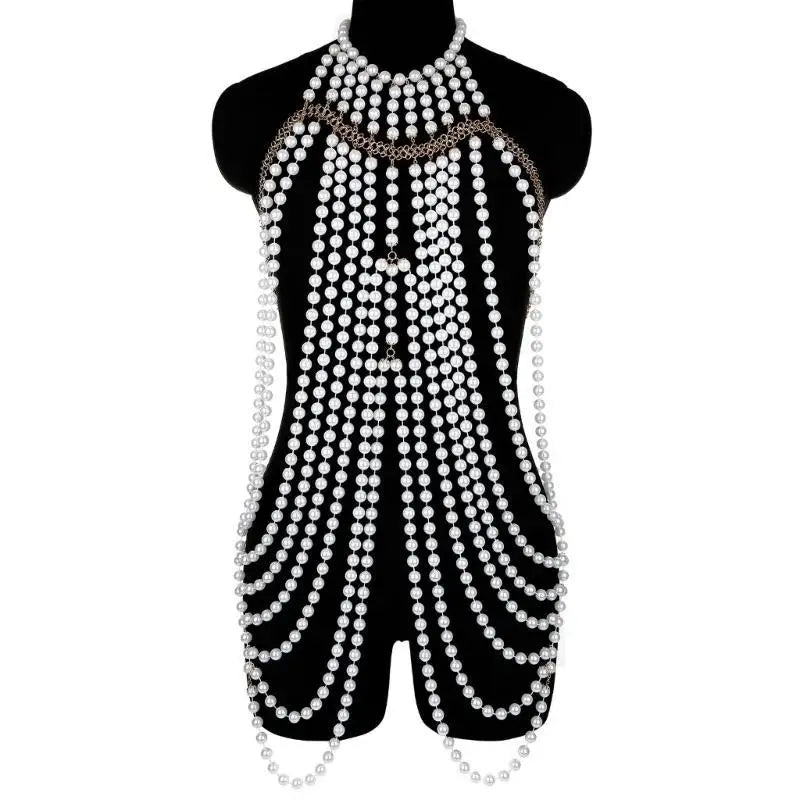 P9FE Fringed Pearls Shawl Wrap for Female Shoulder Chain Necklace Elegant Bride Shawl Formal Dress Shoulder Wrap Body Chain