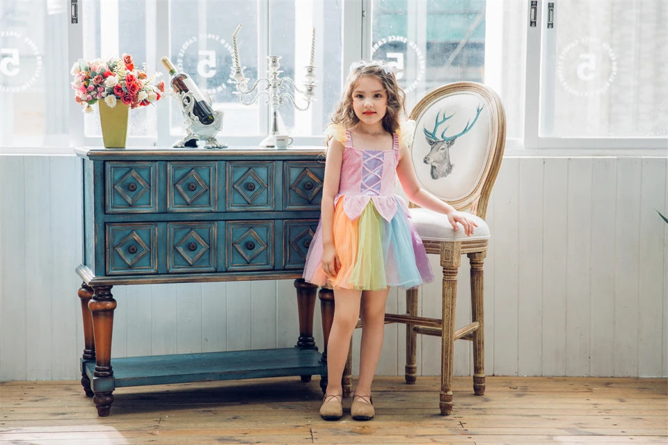 Cheap Top Quality Summer Fancy Baby Girl Fairy Rainbow Tutu Dress Halloween Cosplay Elf Princess Carnival Infant Party Ball Gown
