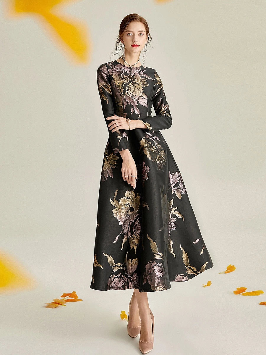 Plus Size Evening Dress - Black and Gold Jacquard Satin Waist-Defining Tummy-Control Long Sleeve Elegant Flared Dress