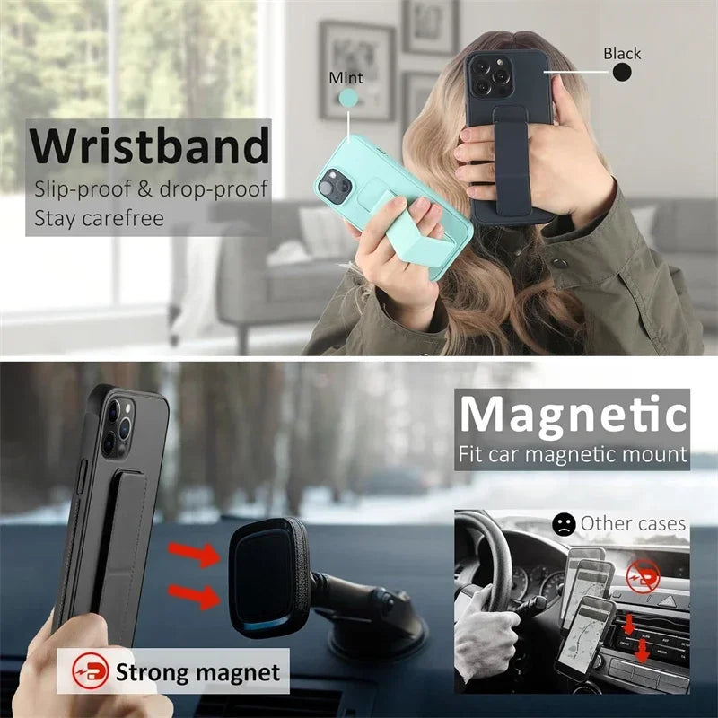 Magnetic Kickstand Hand Strap Case for IPhone 16 15 14 13 12 11 Pro Max Plus 16Pro 15Pro IPhone16 ProMax Stand Cover Accessories