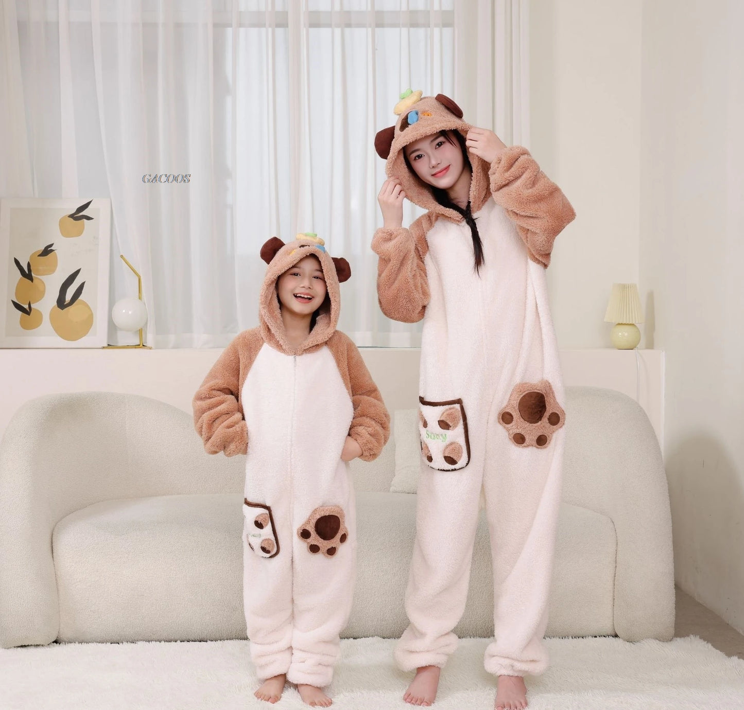 New Children Kigurumi Onesie Boys Girls Flannel Sleepwear Unisex Cypabara Cartoon Pajamas Winter Warm Flannel Hooded Jumspuits