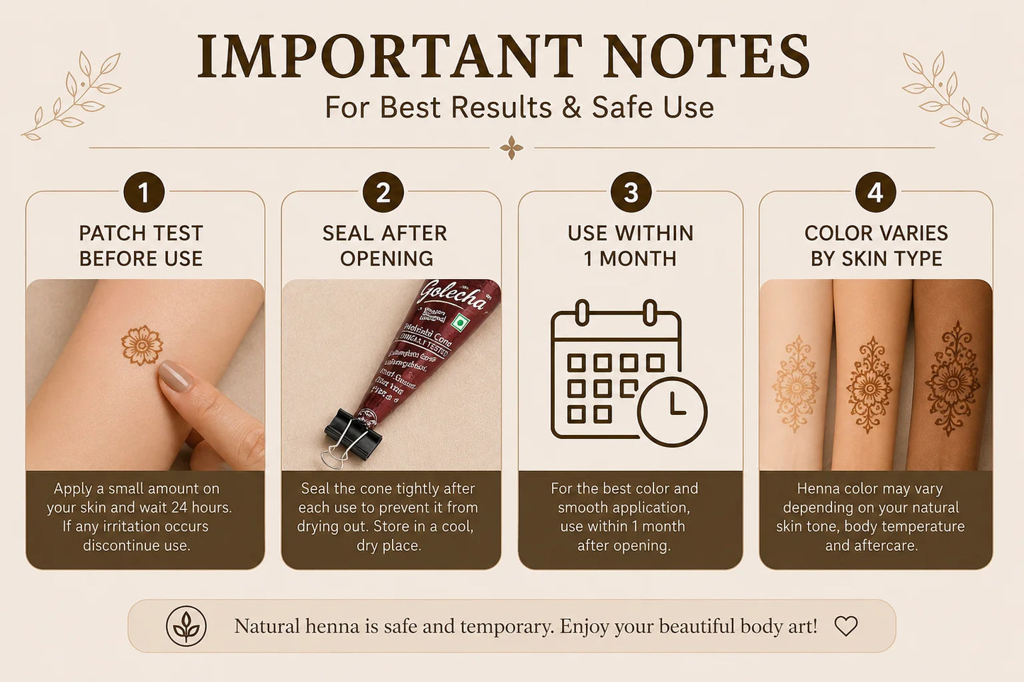 GOLECHA Brown Henna Temporary Tattoo Paste 30g Mehndi Henna Cone For Faux Freckles Hand Drawing Natural Brown Skin Stain