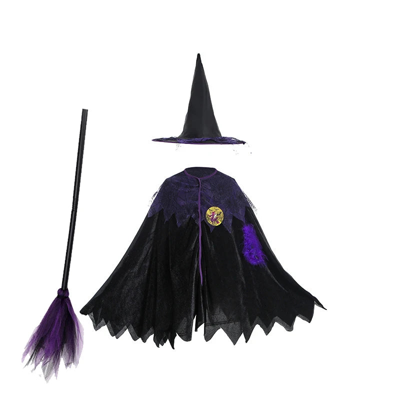 5 Styles Halloween Costume for Kids Girls Purple Bat Dress Halloween Fantasy Vampire Costume with Hat Broom Pumpkin Belt Set