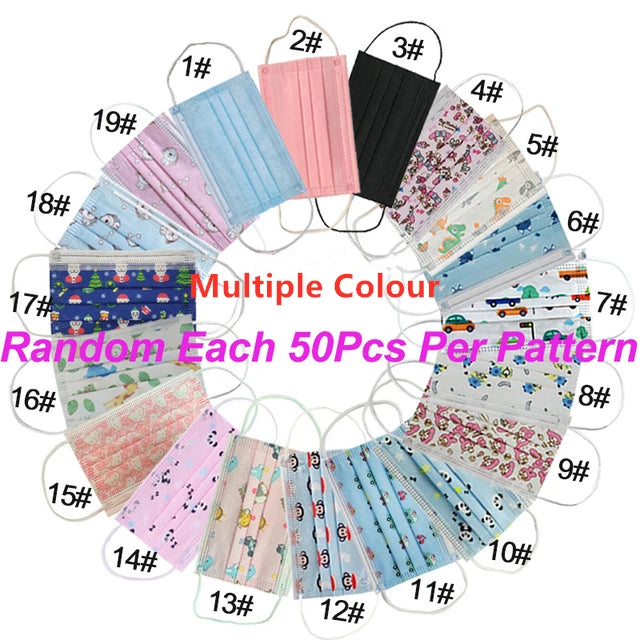 100-200pcs Black Kid Disposable Protective Mask 3 Layer Nonwoven Kids Filter Hygiene Thicken Children's Cartoon Face Mouth Masks