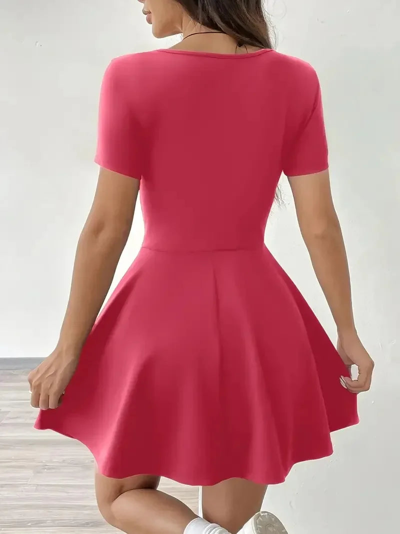 Summer 2025 Brown Knitted Short Casual Dress Mini Skirt Length Polyester Fiber Square Collar Empire Waistline Regular Sleeve