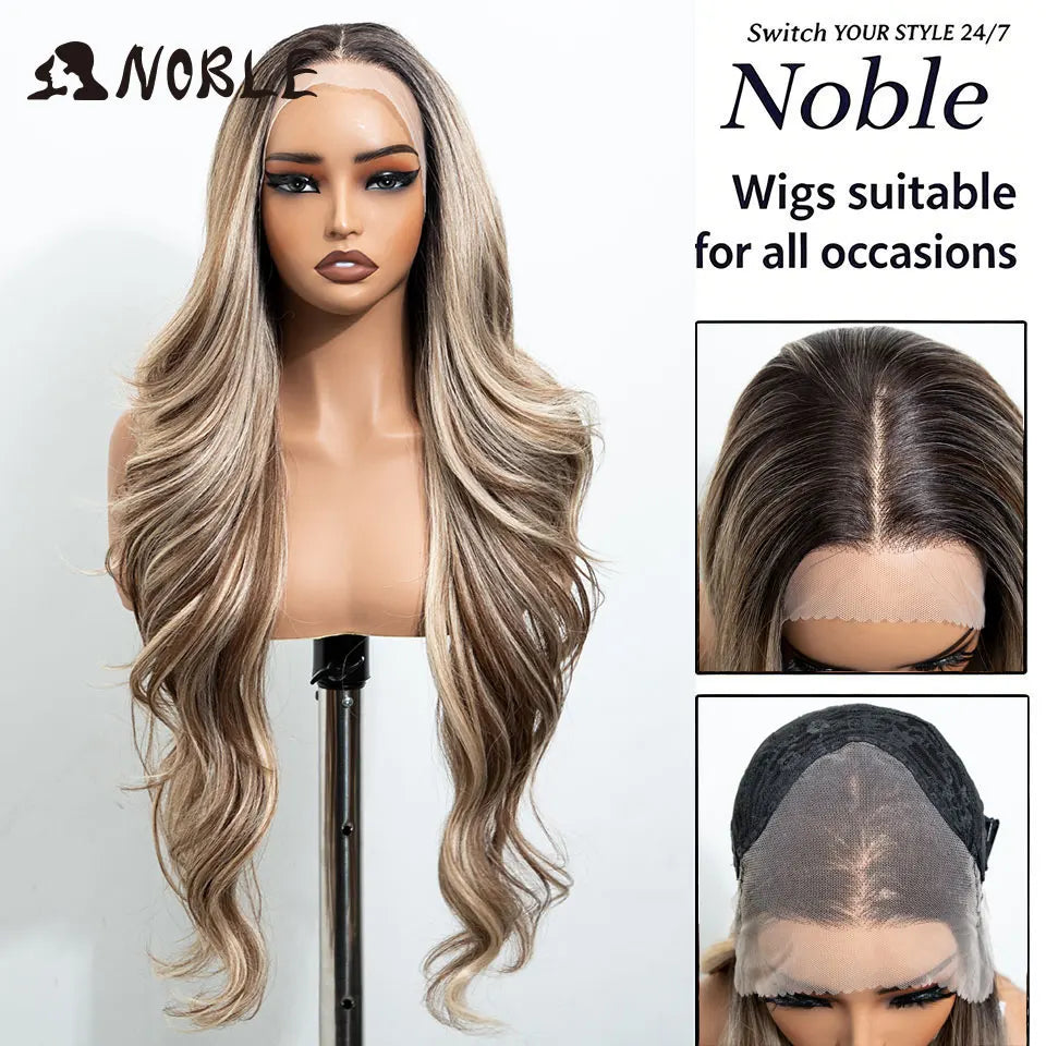 Noble 30 Inch Synthetic Lace Front Wigs For Women Curly Ash Blonde Highlight 13x4 Body Wave Silk Base Lace Wig Cosplay Daily Wig