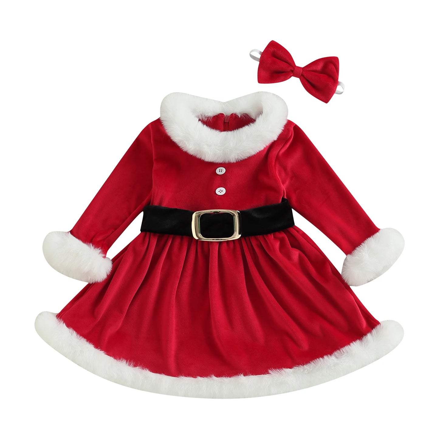 ma&baby 1-6Y 2024 Christmas Toddler Kids Girls Red Dress Plush Ruffle Velvet A-line Party Dresses +Bow Headband Xmas Costumes