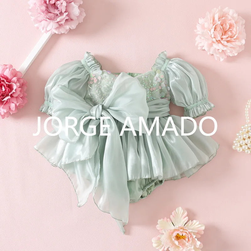 New Summer Sister Girl Matching Romper Dress Short Sling Sleeves Big Bow Bodysuit Sequined Princess Dresses Twins Clothing H1518