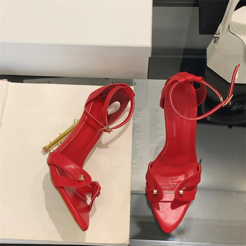 Liyke Leopard Print Ankle Strap Stilettos Sandals Women Party Dress Shoes Metal Narrow Band Pointed Toe Stripper Heels Size 41