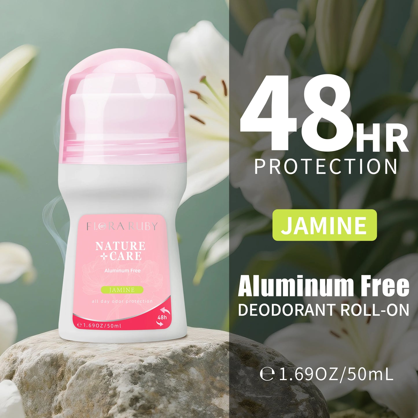 Flora Ruby Cherry Blossom Collection Lavender/Rose/Jasmine/Lily Roll On Deodorant Aluminium free for Women 1.69 fl oz/50 ml