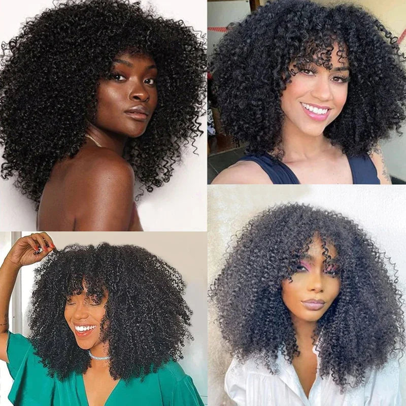 Mongolian Afro Kinky Curly Human Hair Wigs with Bangs Wear To Go Glueless Wig Remy Brazilian Short Curly Bangs Wig Human Hair