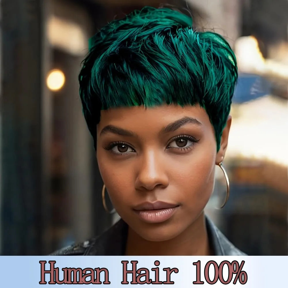 Green Short Straight Layered Bangs Hight Density Pixie Cut Human Hair Wig For Women Full Machine Made Wig
