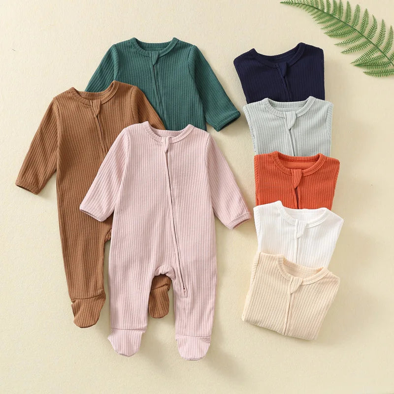 Autumn Zipper Baby Onesie Ribbed Knit Footed Romper Long Sleeve Solid Color Jumpsuit for 0-12M Newborn Infant Outfits