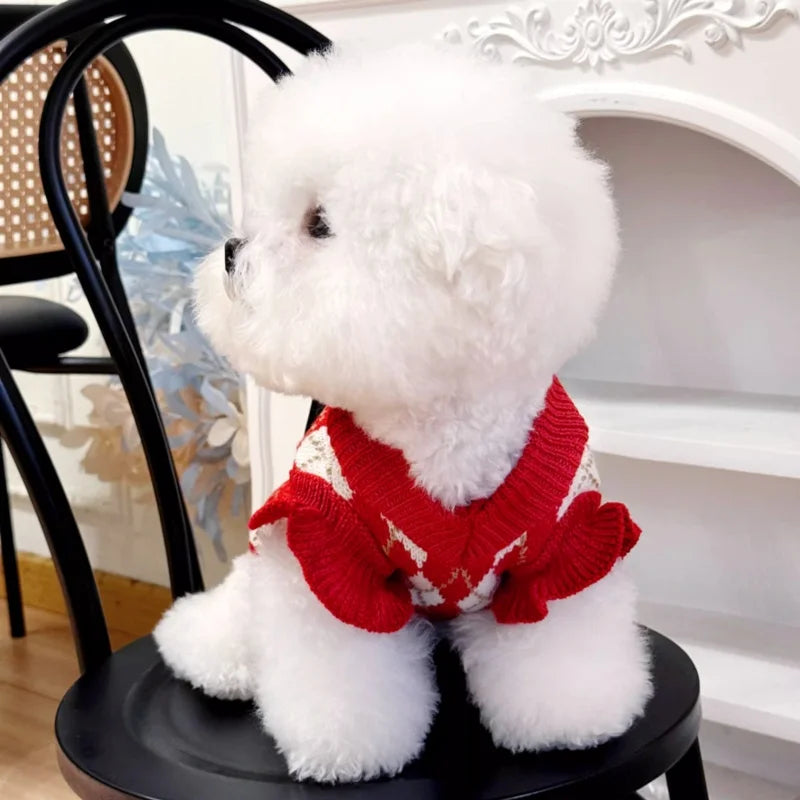 Winter Dog Knit Sweater Soft Dog Clothes Cute Plaid Puppy Sweater Cherry Print Cat Pullovers Pet Warm Turtleneck Poodle Apparel
