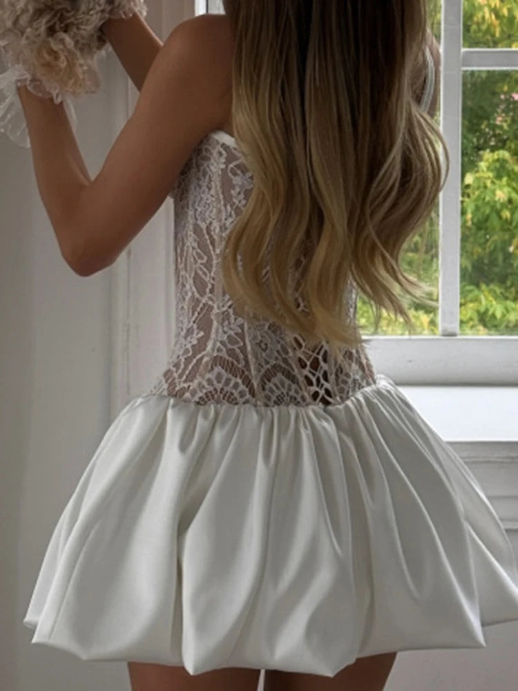 French Style Lace See-through Princess Dress Sexy Halter Sleeveless Hollow Out Cocktail Dress New Lady Solid Spliced ,Mini Dress