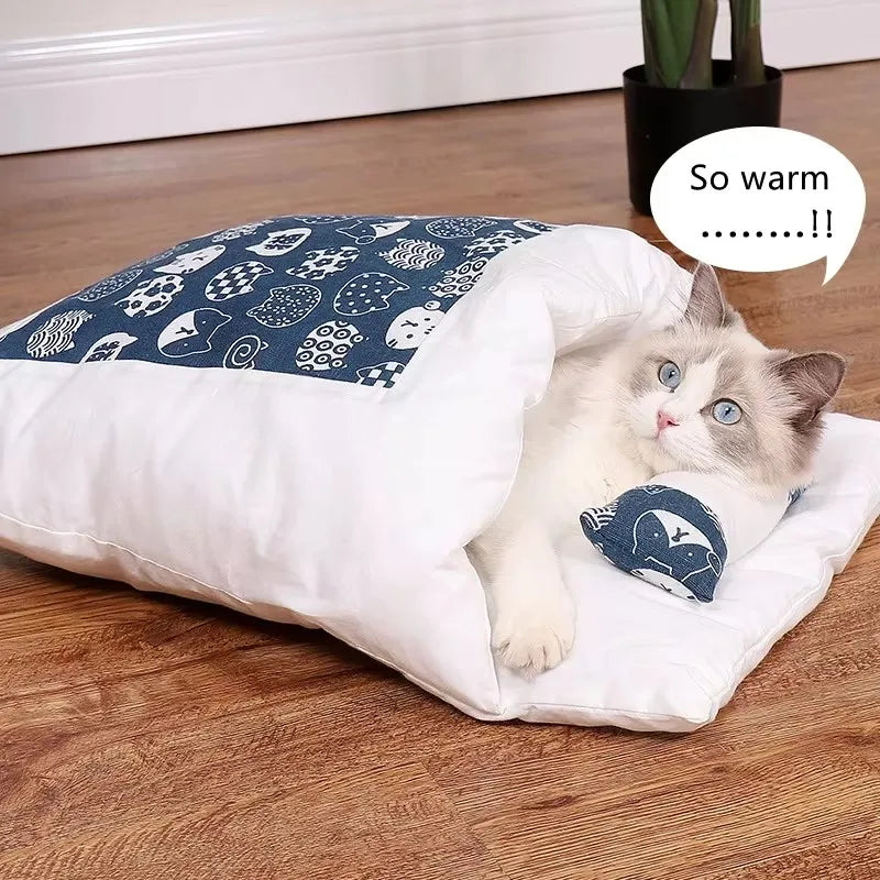 Winter Warm Cat Sleeping Bag Removable Cat Beds Deep Sleep Pet Dog Bed House Cats Nest Cushion with Pillow Cat Supplies