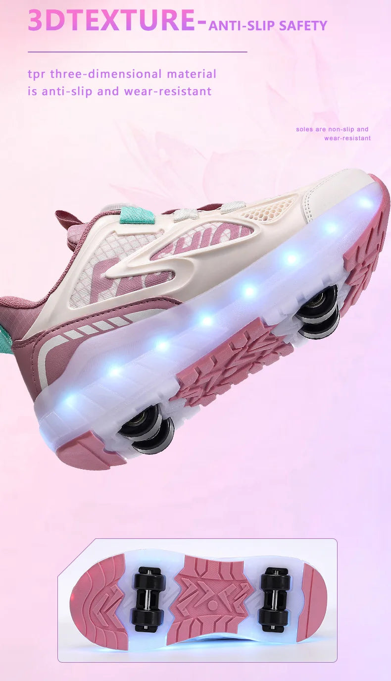 Children's Roller Skate Shoes 4-Wheels Removable Wheeled Rolling Shoes for Kids with LED Light Inline Skate Sneaker