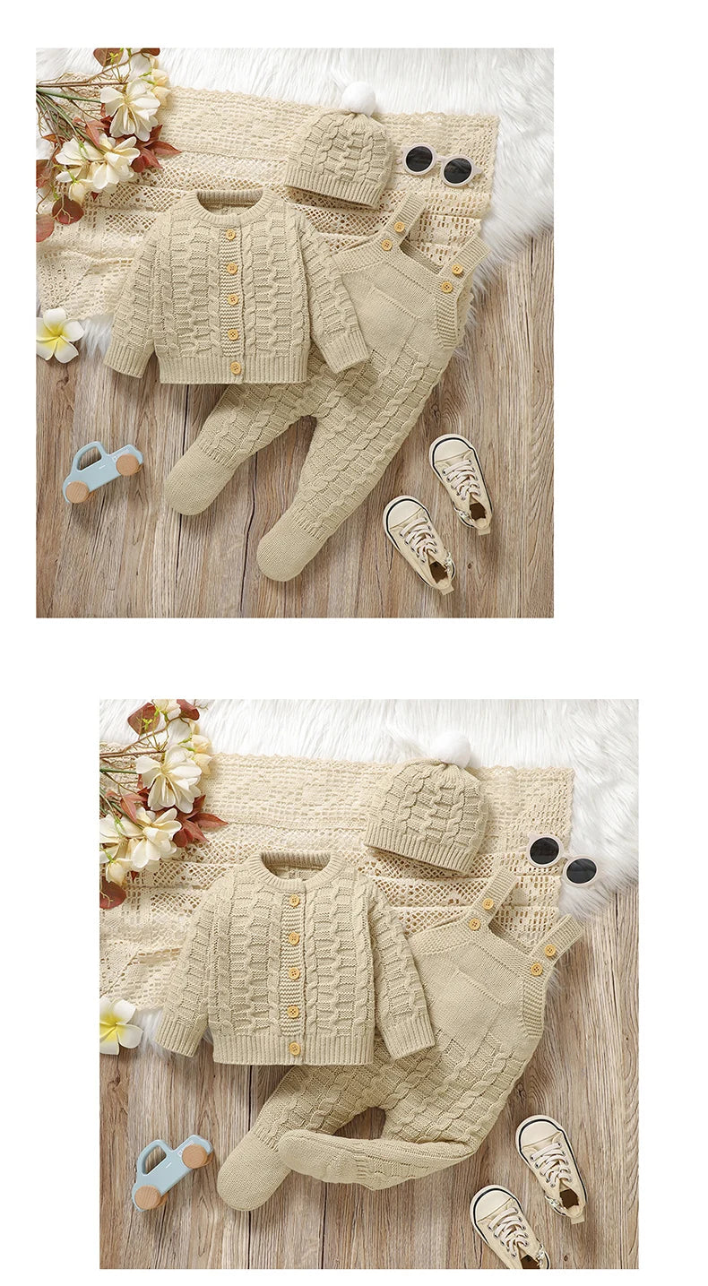 Newborn Baby Clothes Set Knitted Toddler Sweater +Jumpsuit Hat Sleeveless 3pcs Attire Infant Boys Girls Cardigan+Romper Cap 0-9M