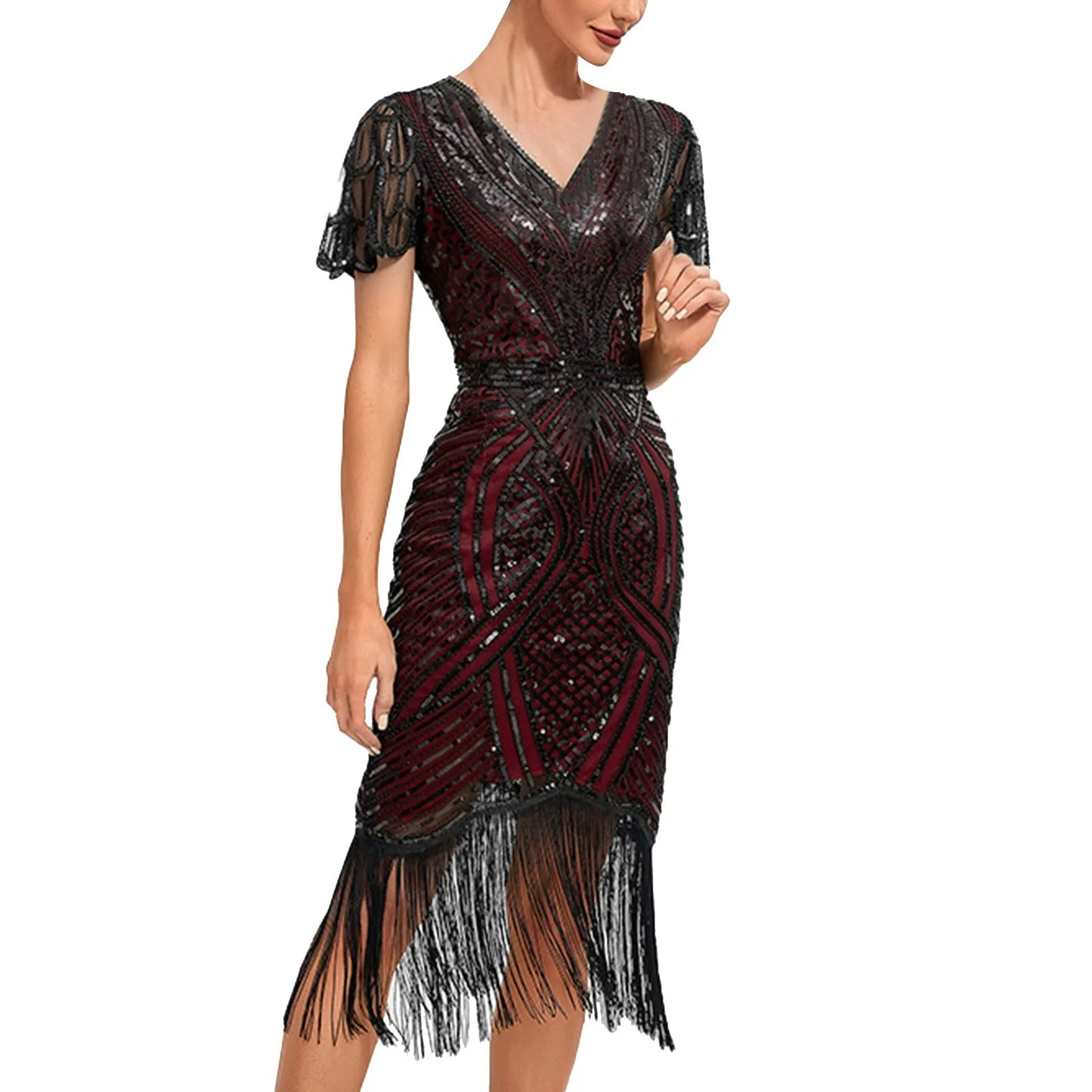 1920s Vintage Great Gatsby Dress Flapper Party Dress Women Tassels Hem Beaded Sequin Dresses Evening Cocktail Dress Elegant Robe