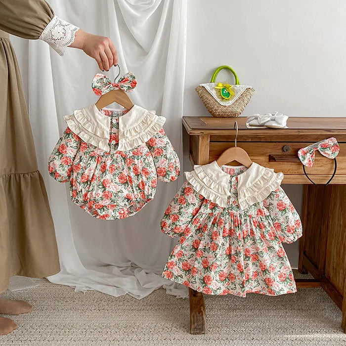 2025 New Spring Baby Sisters Dress 1-5Yrs Girl Party Dress Long Sleeved Cotton Rose Print Romper Sisters Kids Princess Dresses