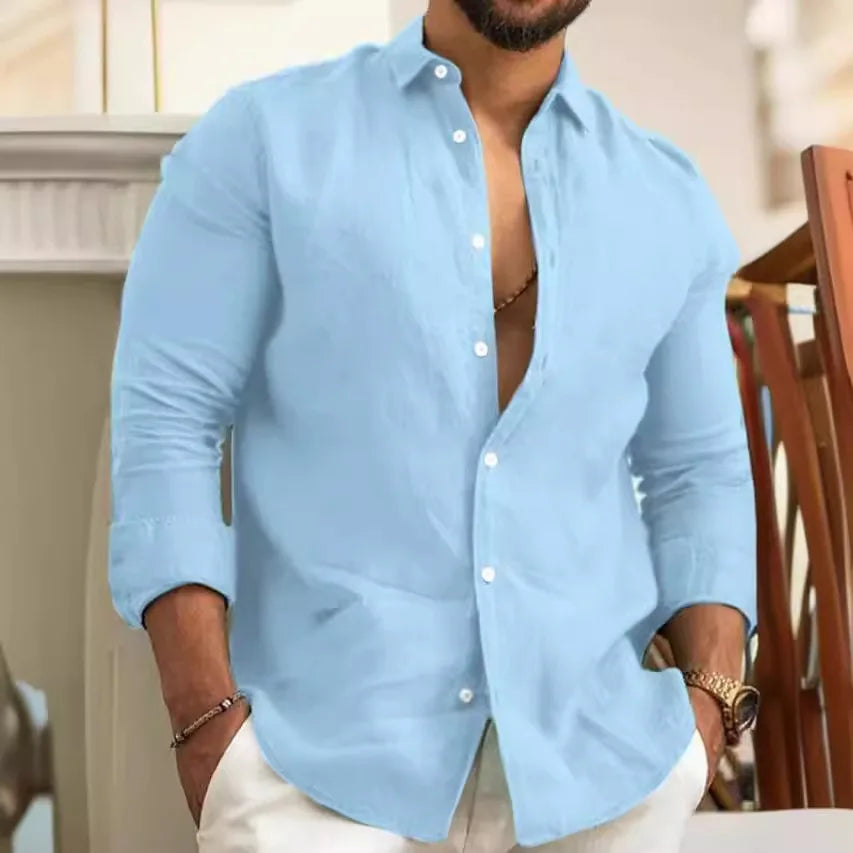 Cotton Linen Shirt for Men Summer Solid Color Lapel Lightweight Breathable Tops Men's Loose Casual Long Sleeve Beach Shirt
