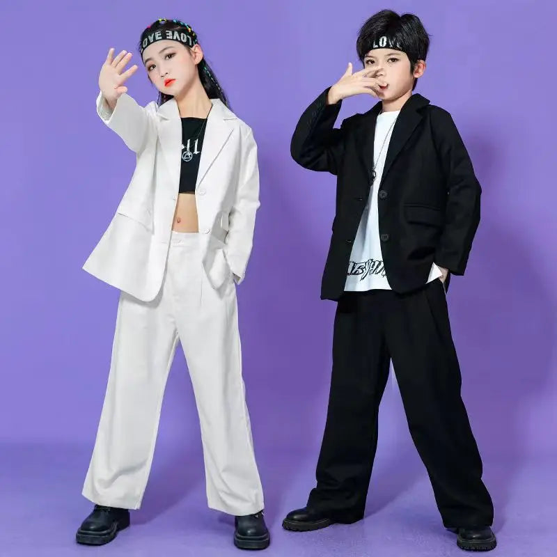Kids Hip Hop Dance Costume Boys Girls Blazer Pants Set Streetwear Outfit for Stage Performance Competition Jazz Dance Photoshoot